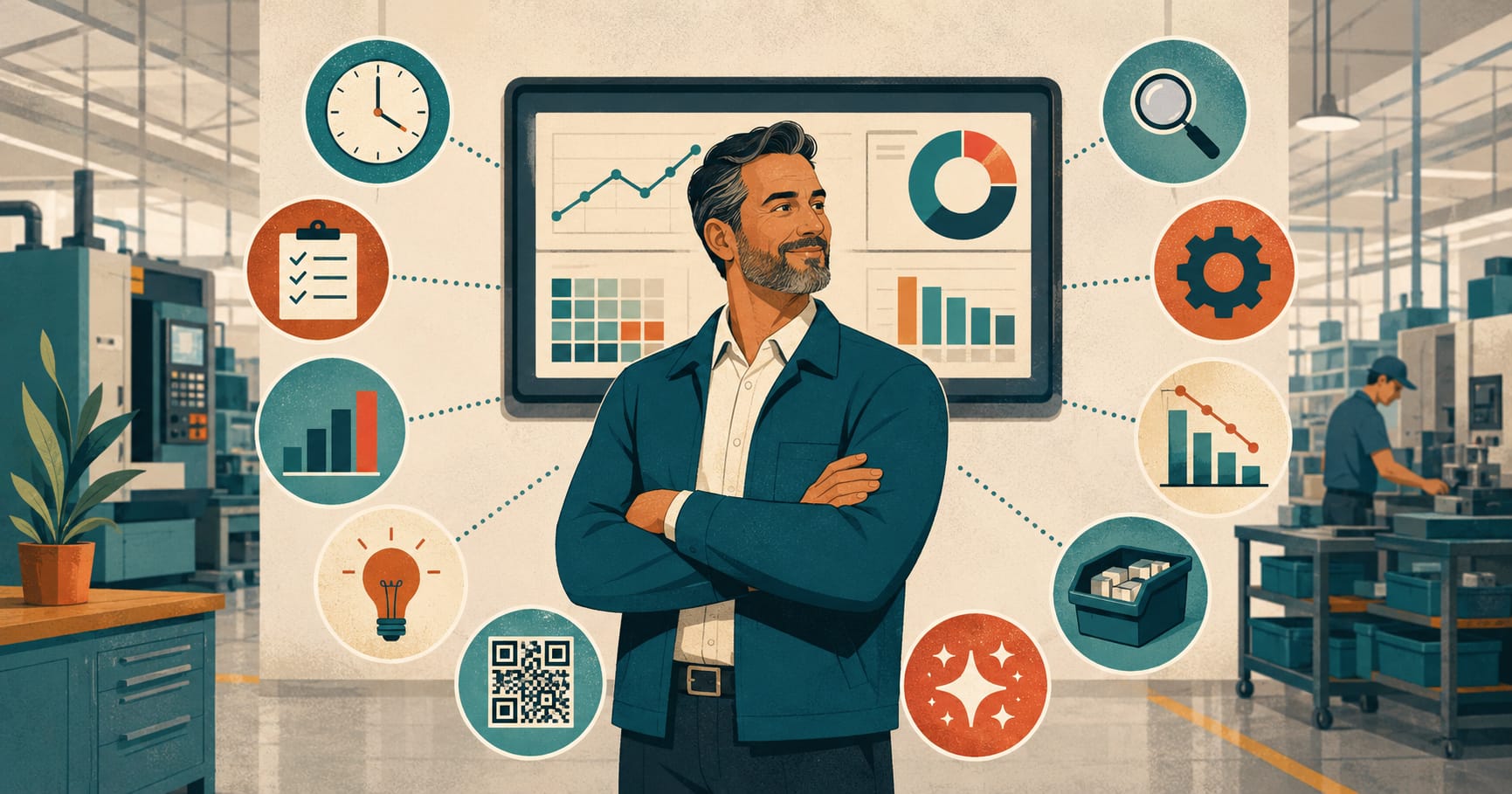 Confident shop floor manager in front of a live production dashboard, surrounded by productivity icons in a teal and terracotta factory illustration.