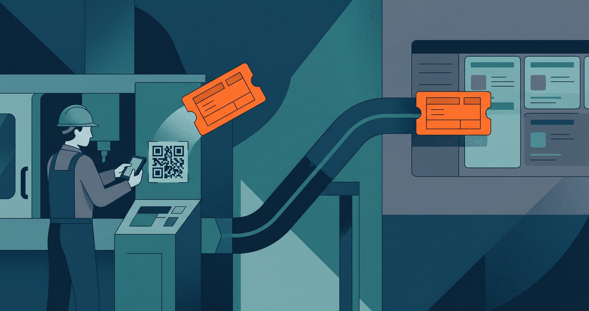 Flat geometric illustration of an operator scanning a machine QR code to raise a maintenance ticket that flows to a team queue, in deep blue, teal, and slate with an orange accent.