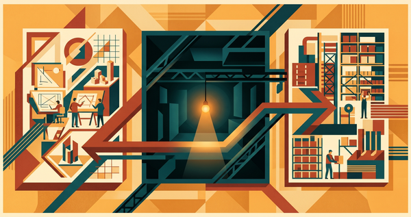 Constructivist illustration of a planning system block and a warehouse block on either side of a glowing dark gap representing the production floor, in amber, teal, and brick red.