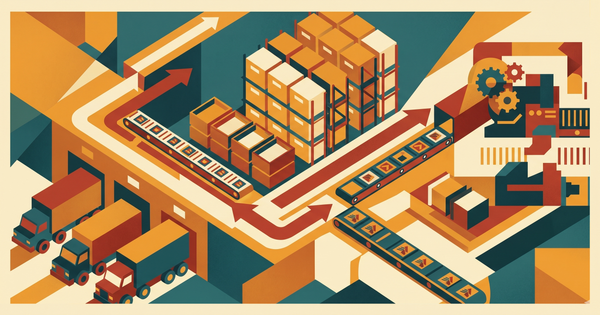 Illustration of materials flowing from delivery and inventory storage through to a production line, representing supply chain visibility